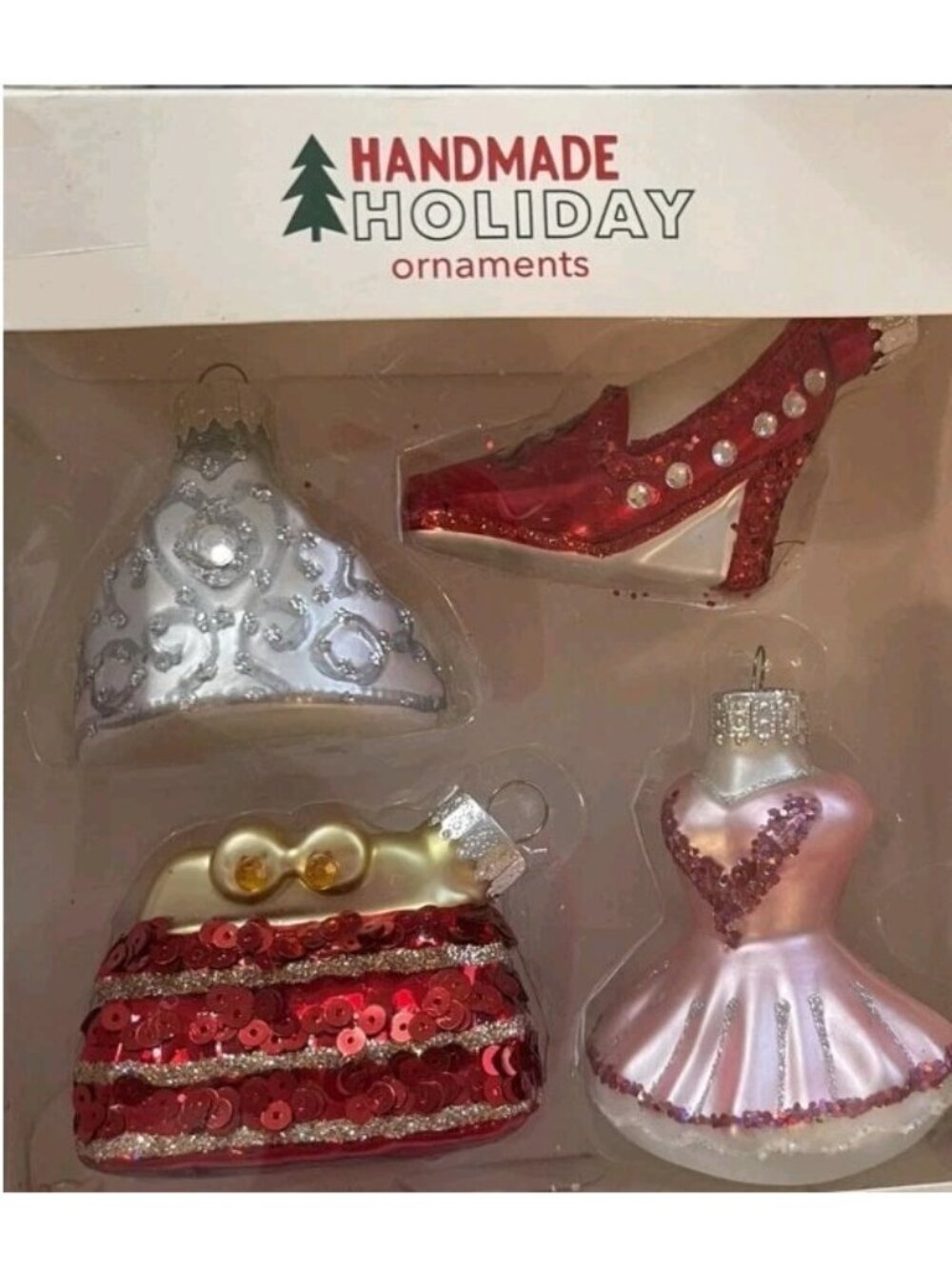 Jo Ann Princess Christmas Glass Ornament Set Of 4 Shoe Dress Crown Purse
